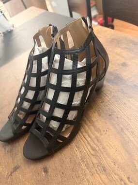 Henry Ferrera Black Cage Cutout Peep-Toe Heels